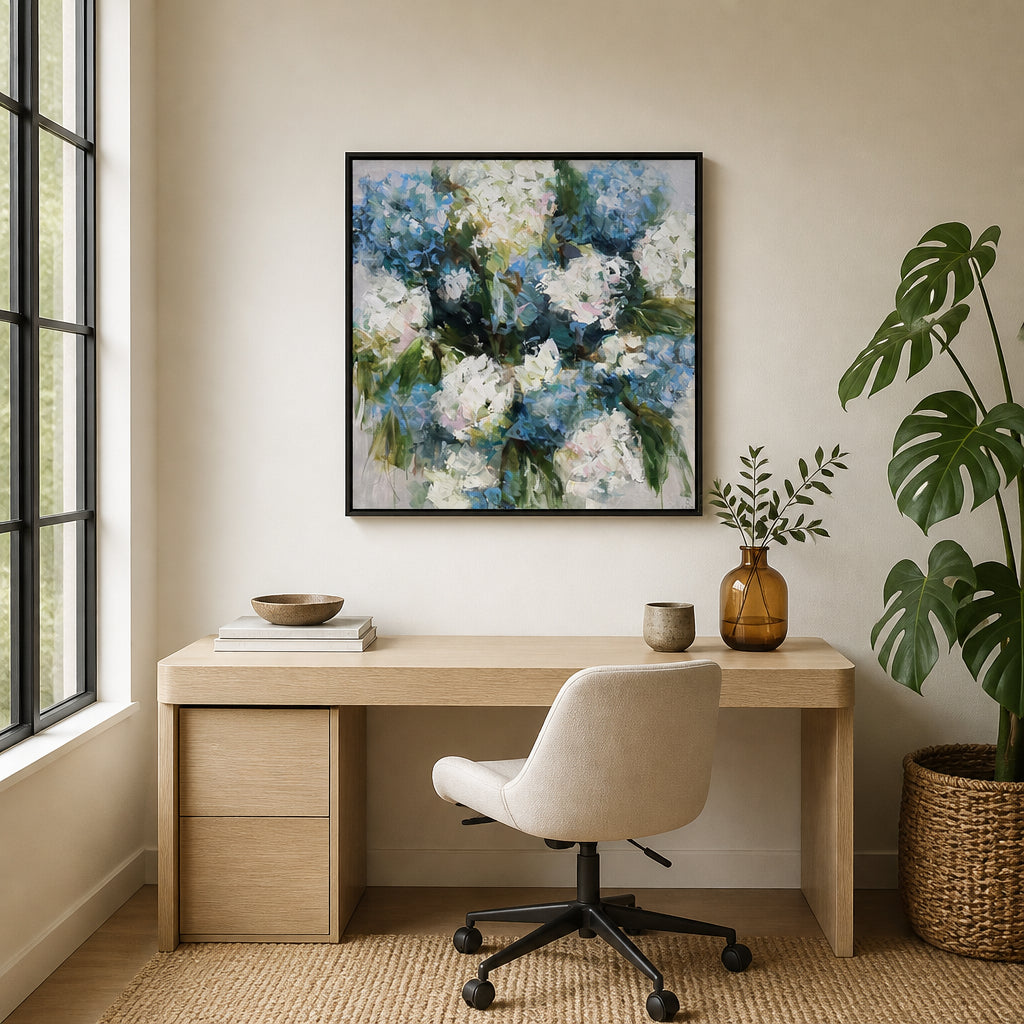 Room mockup featuring Fresh Blue Hydrangeas Art Print