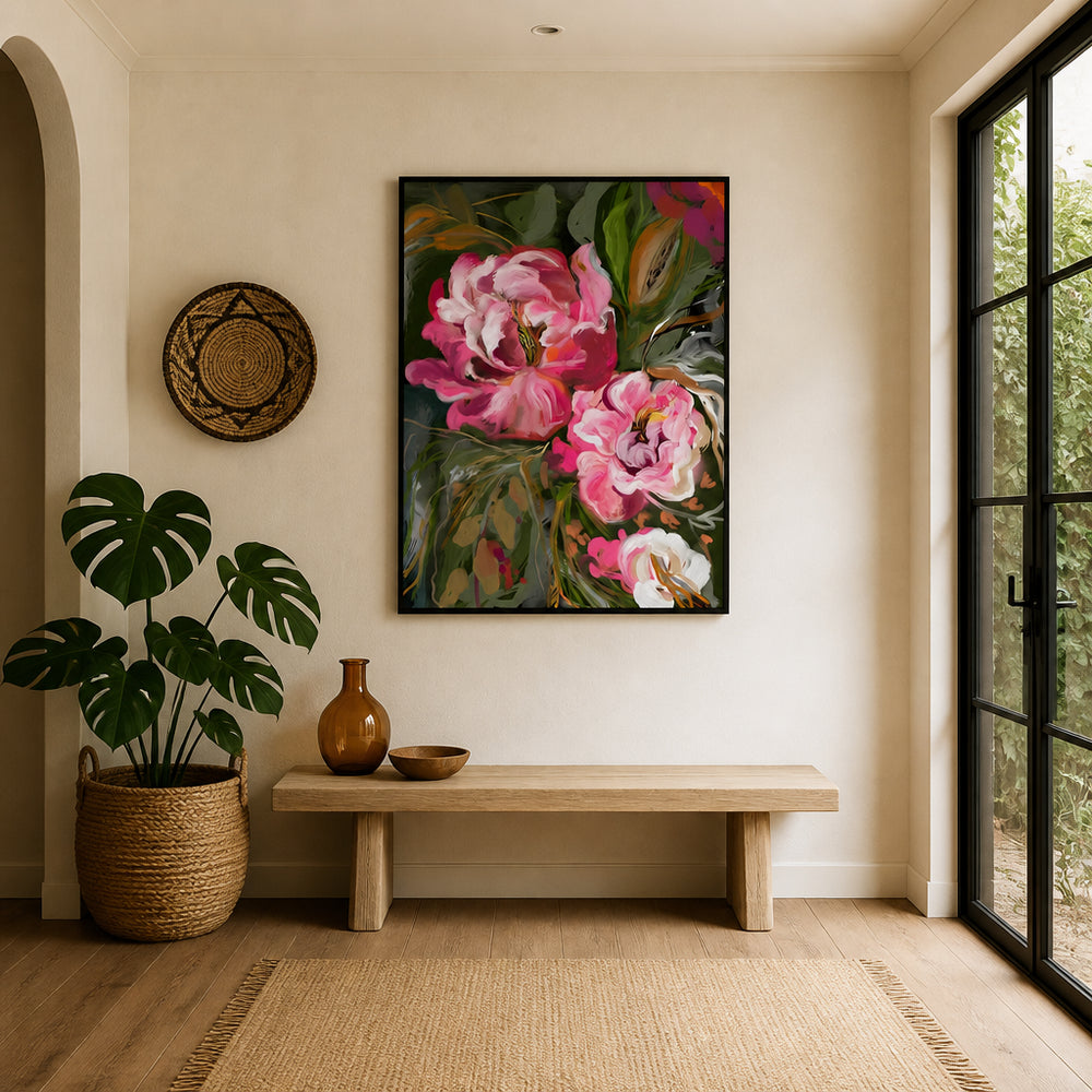 Room mockup featuring Lush Pink Blooms Art Print