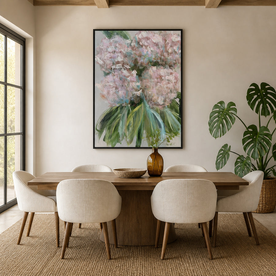 Painterly Pink Hydrangeas Art Print in a room setting