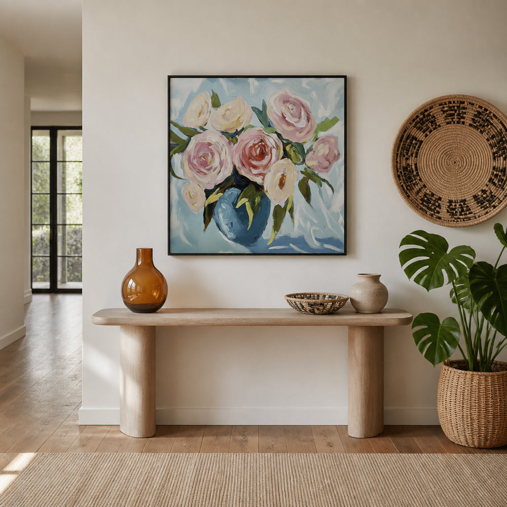 Room mockup featuring Pink Roses in Blue Vase Art Print