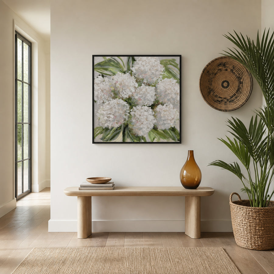 Soft White Hydrangeas Art Print in a room setting