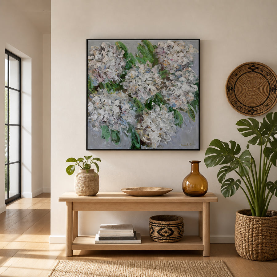 Textured White Flowers Art Print in a room setting