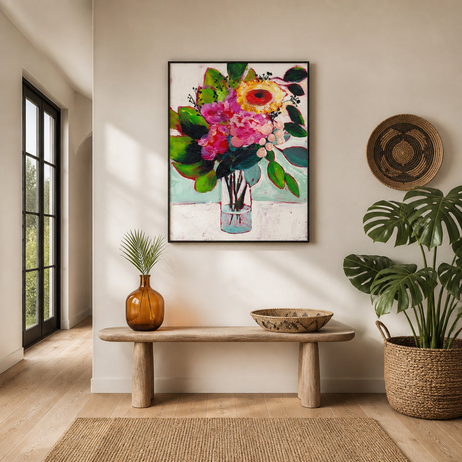 Vibrant Floral Bouquet Art Print in a room setting