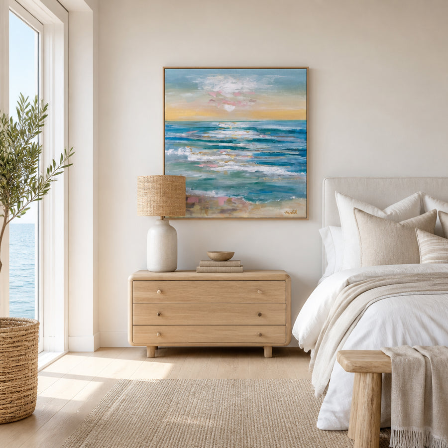Pink Golden Ocean Waves Art Print in a room setting