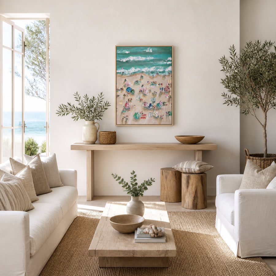 Vibrant Beach Umbrellas Art Print in a room setting