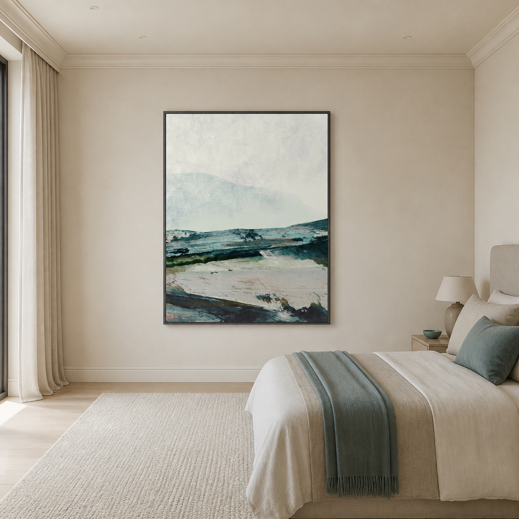 Mountain Serenity 1 Large Canvas Art on a large bedroom wall