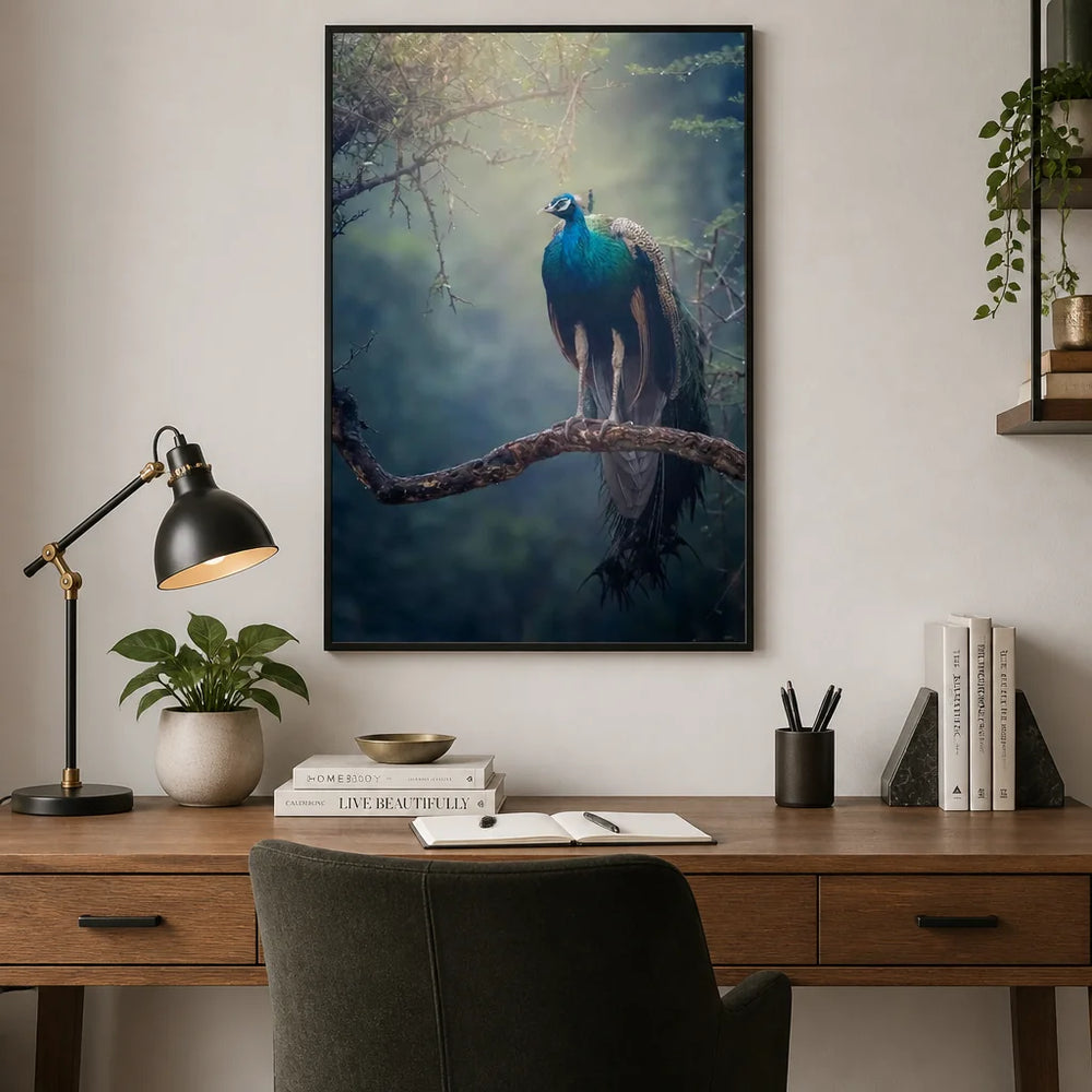 Room mockup featuring Mystic Rain Peacock Photo Print