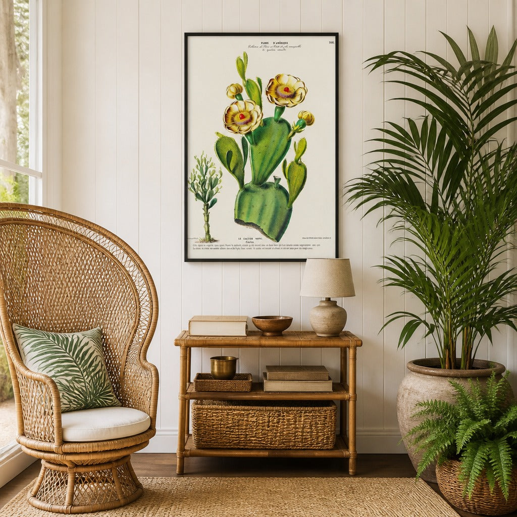 Nopal Cactus Vintage Botanical Art Print shown in a styled room