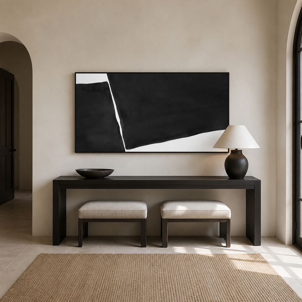 Obsidian Geometric Harmony Large Canvas Art above an entrance-hall console
