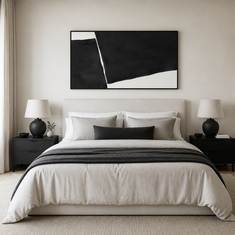 Obsidian Geometric Harmony Large Canvas Art above a king bed
