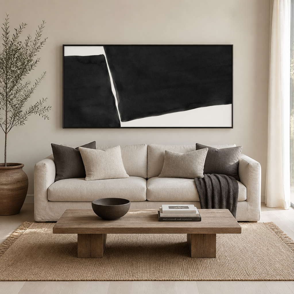 Obsidian Geometric Harmony Large Canvas Art above a living-room couch