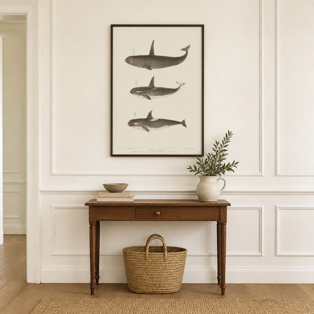 Orca Whale Scientific Illustration framed in a light country home