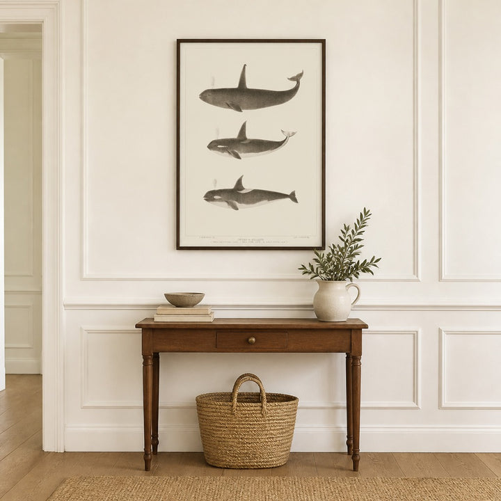 Orca Whale Scientific Illustration framed in a light country home