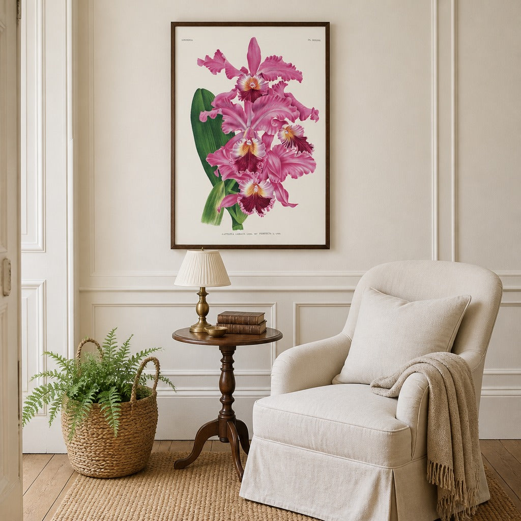 Cattleya labiata orchid art print framed in a traditional home