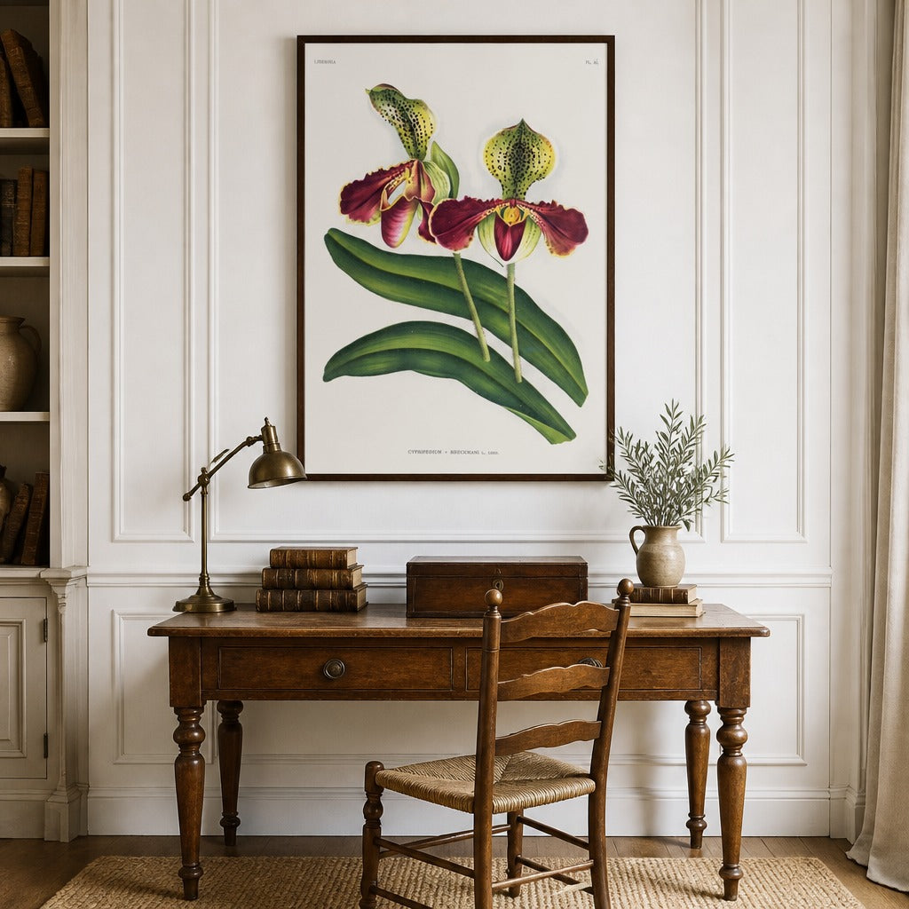 Cypripedium × beeckmanii orchid art print framed in a traditional home