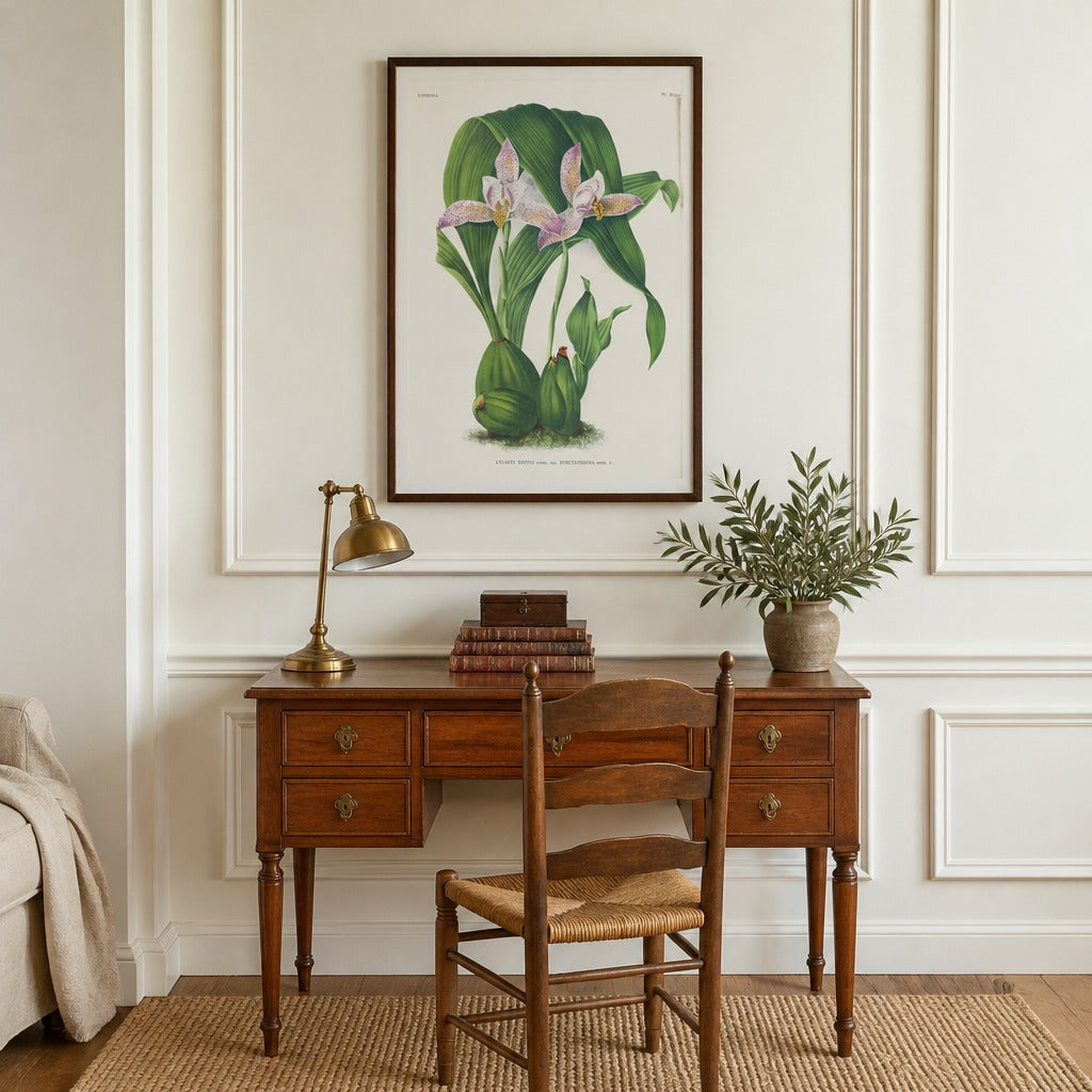 Lycaste deppei orchid art print framed in a traditional home