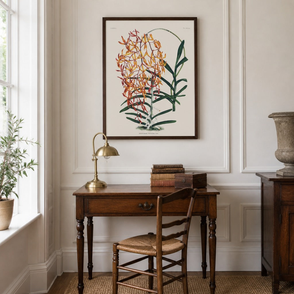 Renanthera matutina orchid art print framed in a traditional home