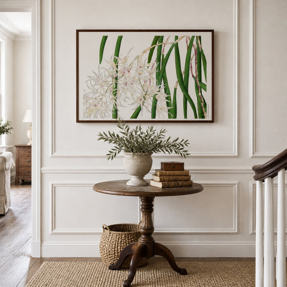 Orchid Woodblock Painting by Tanigami Kônan framed in a traditional home