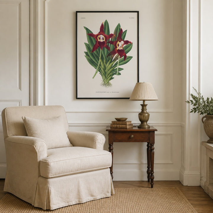 Zygopetalum burtii orchid art print framed in a traditional home