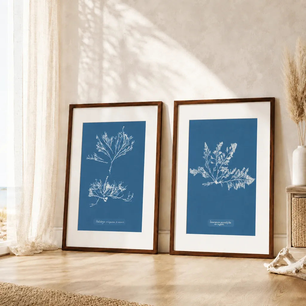 Vintage Blue Coral Art Print Pair — room mockup