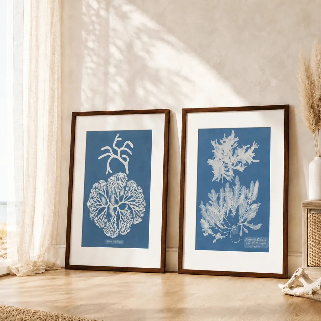 Vintage Blue Coral Art Print Pair 1 — room mockup