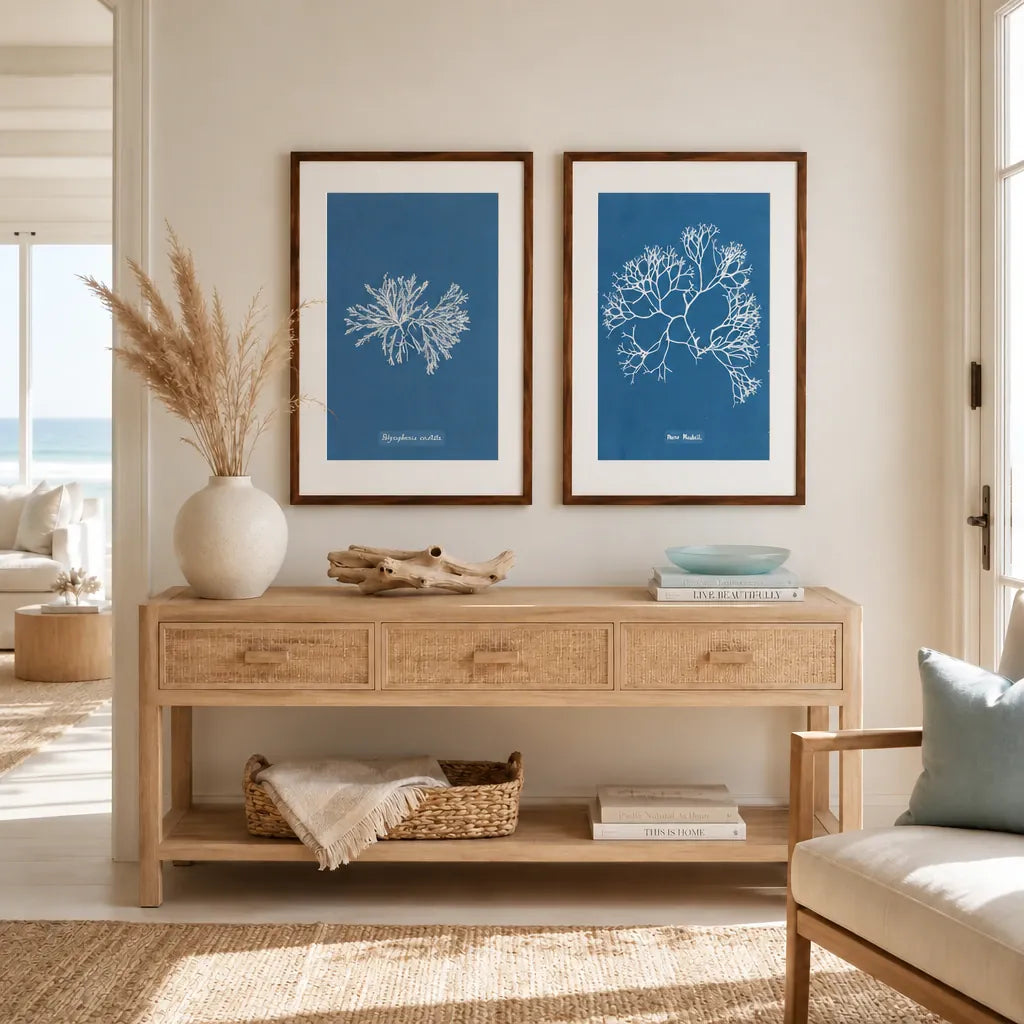 Vintage Blue Coral Art Print Pair 2 — room mockup