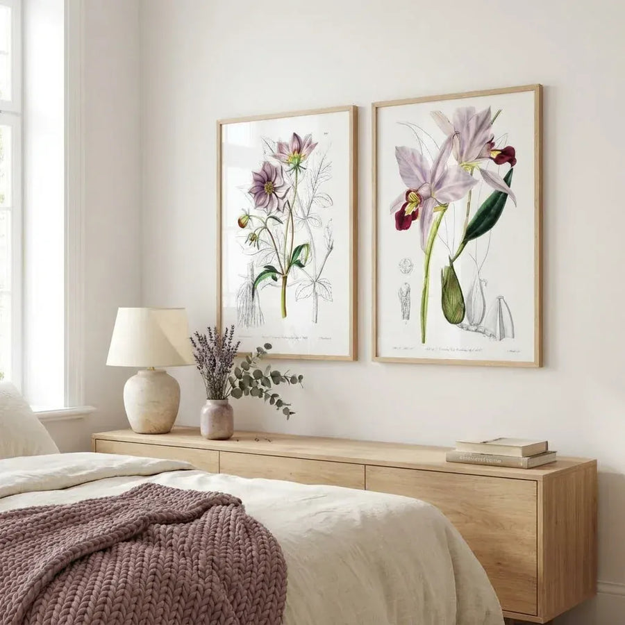 Pair of Mauve Floral Art Prints in a room setting
