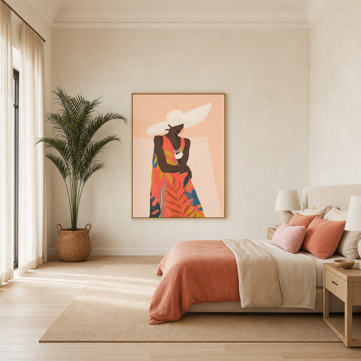 Peach Tropical Elegance Large Canvas Art on a large bedroom wall
