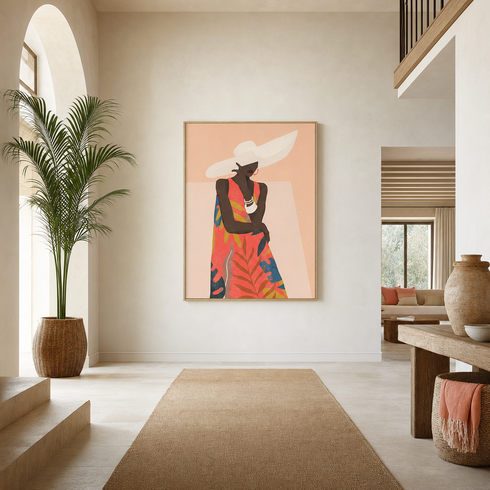Peach Tropical Elegance Large Canvas Art on a grand entrance-hall wall