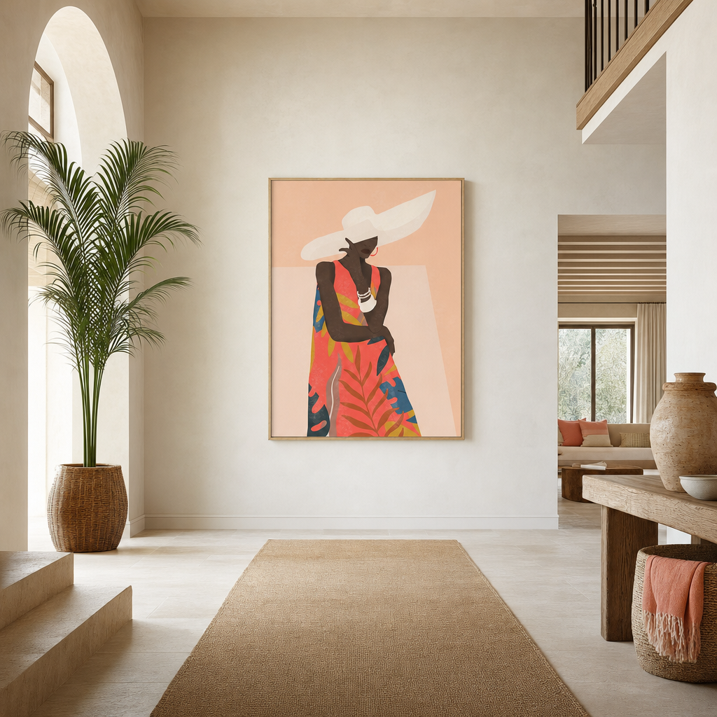 Peach Tropical Elegance Large Canvas Art on a grand entrance-hall wall