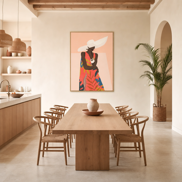 Peach Tropical Elegance Large Canvas Art on a kitchen and dining wall