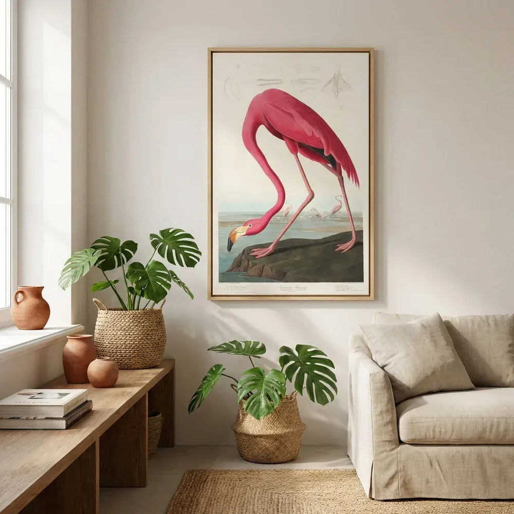 Room mockup featuring Pink Flamingo by John James Audubon Art Print