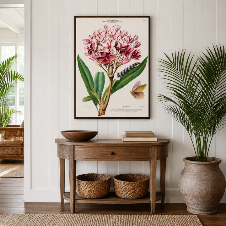 Pink Frangipani Vintage Botanical Art Print in a styled room