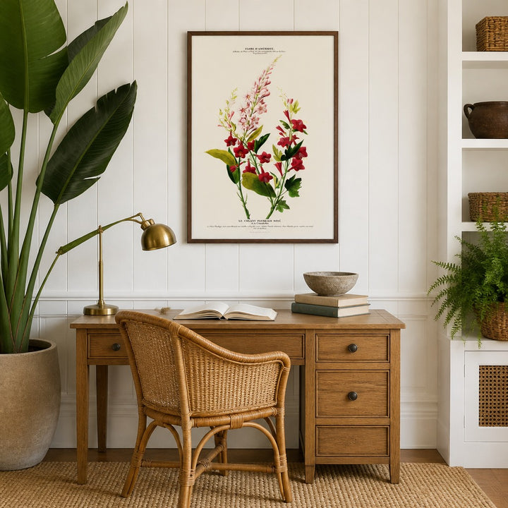 Pink Plumbago Vintage Botanical Art Print in a styled room