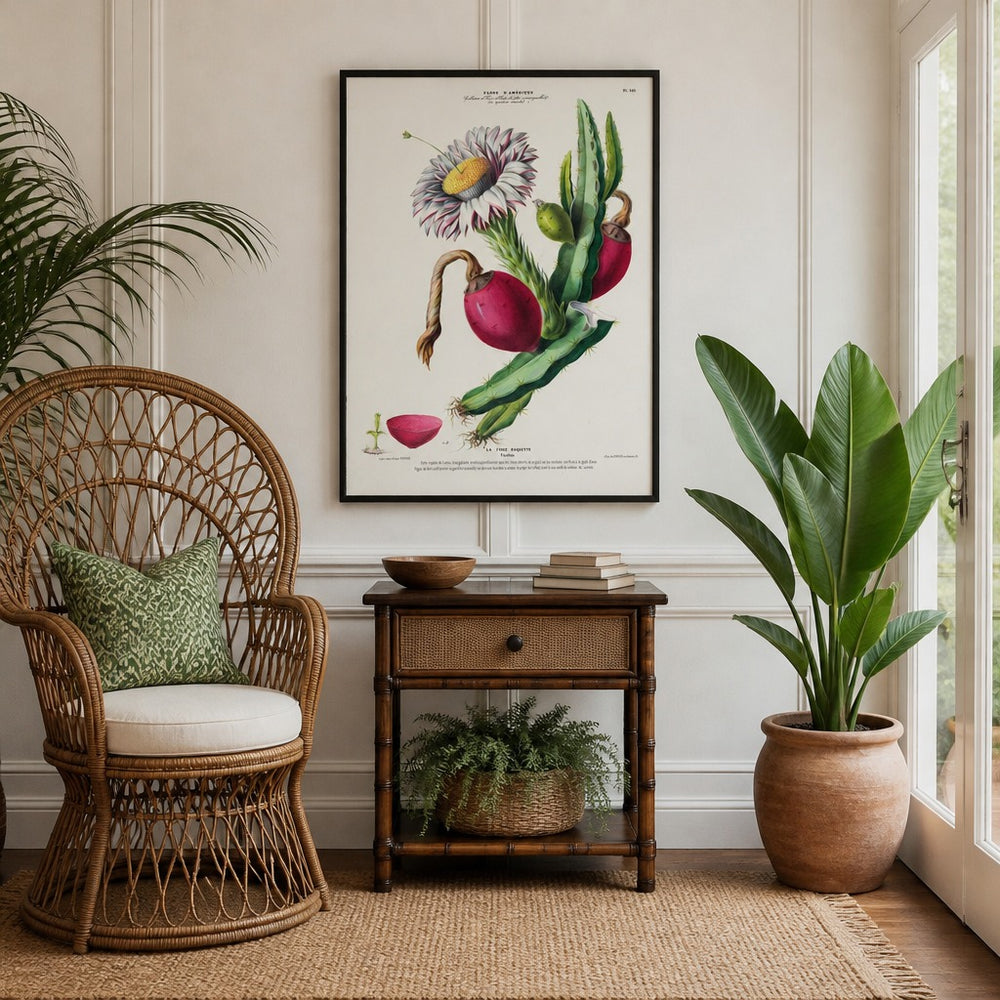 Prickly Pear Cactus Vintage Botanical Art Print in a styled room