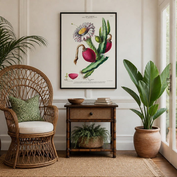 Prickly Pear Cactus Vintage Botanical Art Print in a styled room