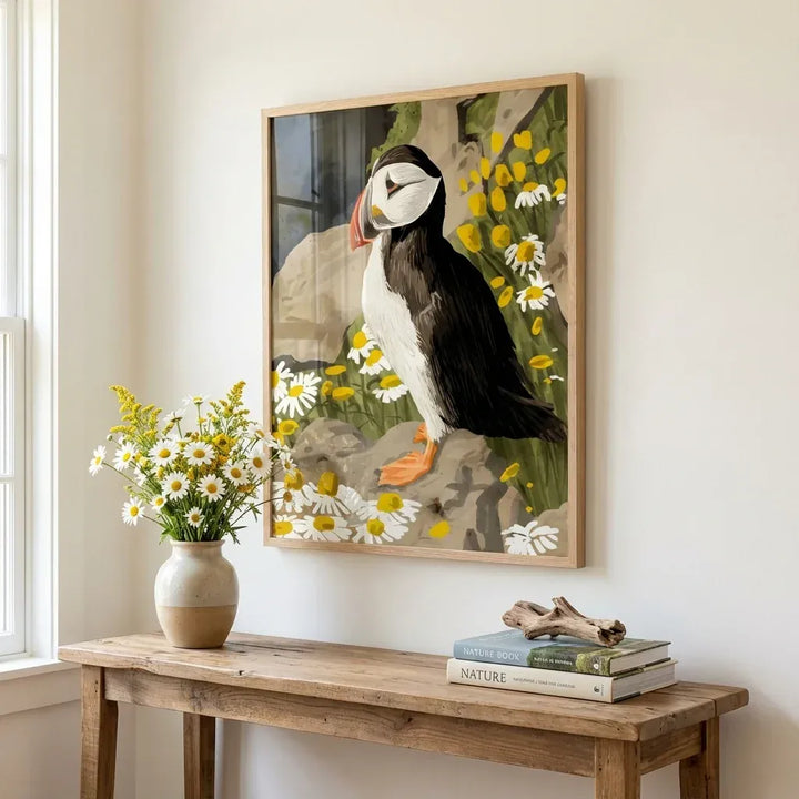 Room mockup featuring Puffin Among Daisies Art Print