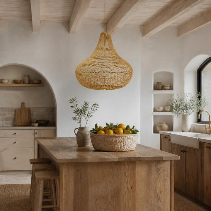 Gong Rattan Pendant Light styled in a room