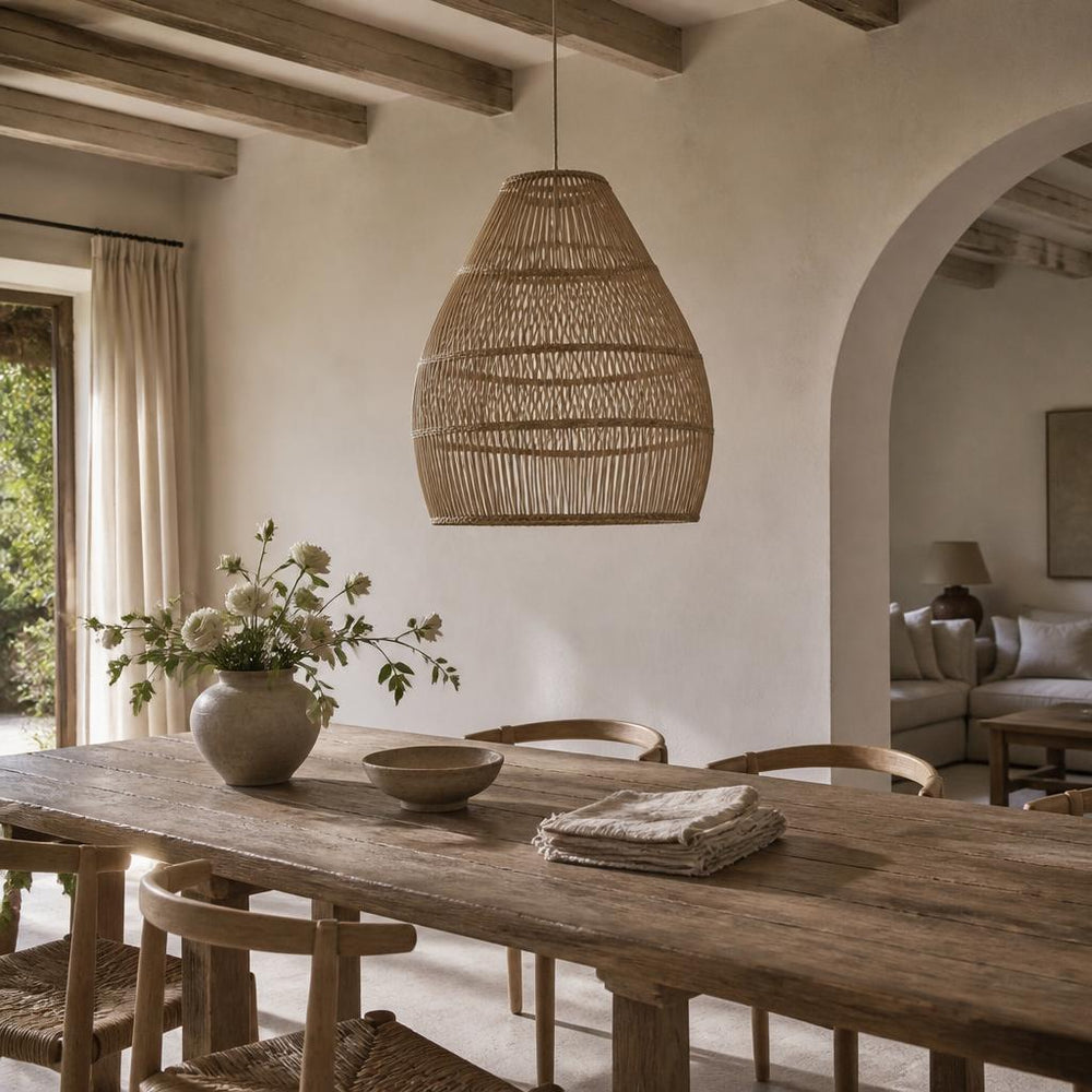 Cone Rattan Pendant Light styled in a room
