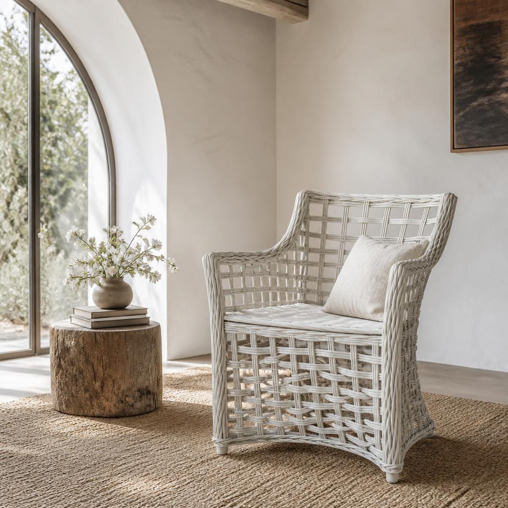 White Open-Weave Rattan Armchair styled in a room