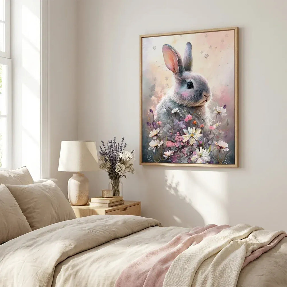 Room mockup featuring Rabbit and Flowers 2 by Bilge Paksoylu Print