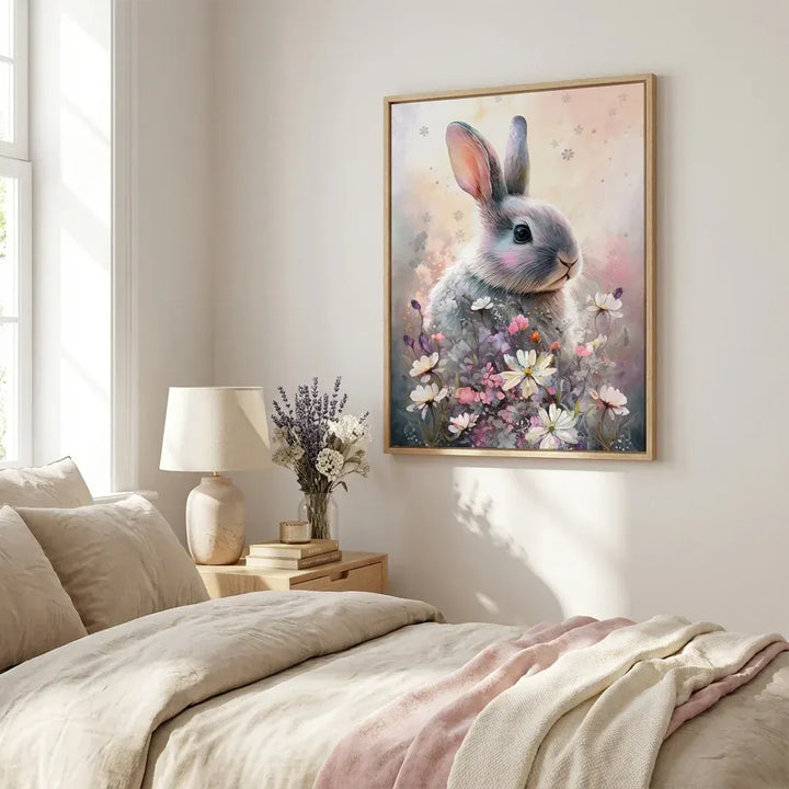 Room mockup featuring Rabbit and Flowers 2 by Bilge Paksoylu Print