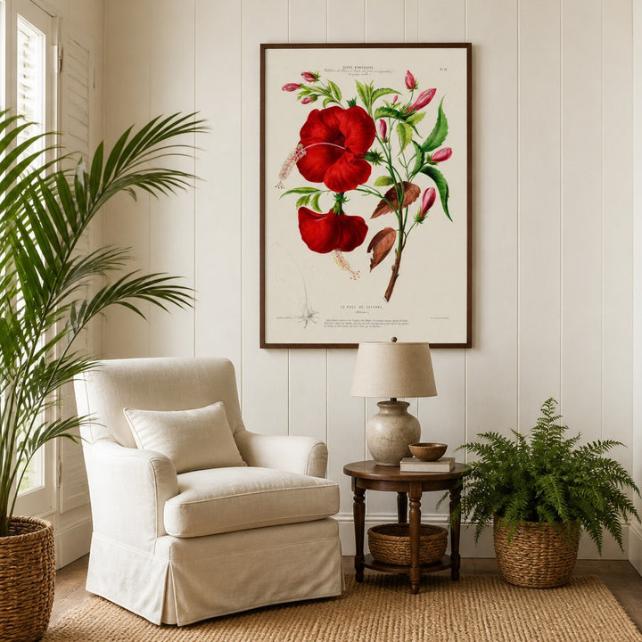 Red Hibiscus Vintage Botanical Art Print in a styled room