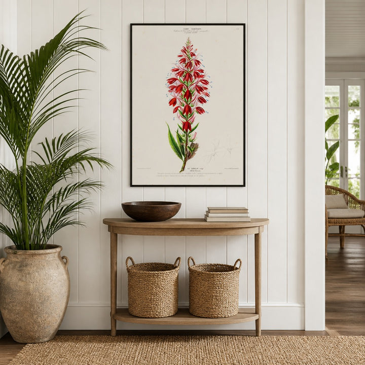 Red Lobelia Vintage Botanical Art Print in a styled room