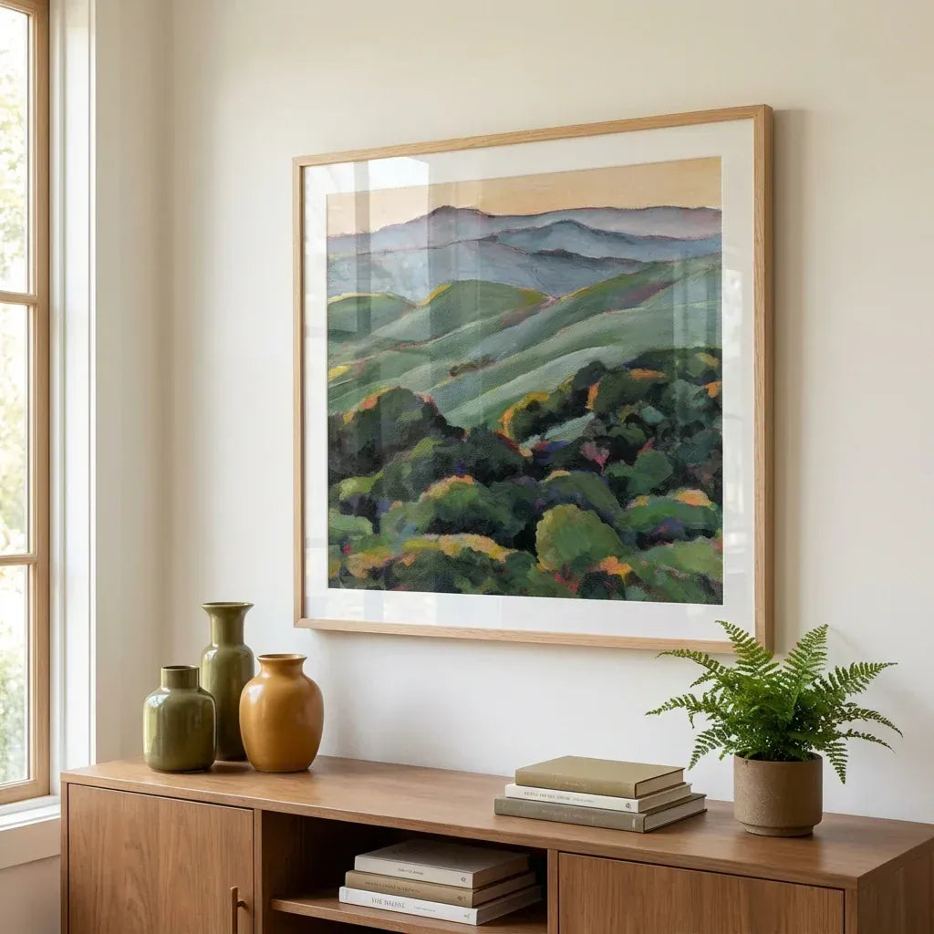 Rolling Green Views Art Print shown in a styled room