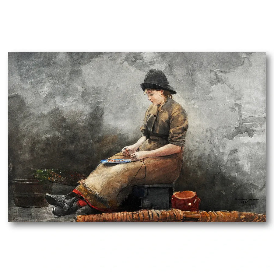 A Fishergirl Baiting Lines by Winslow Homer Art Print