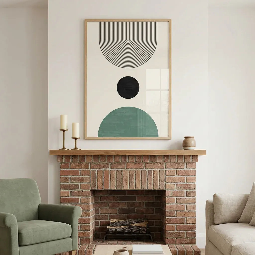 Sage Green & Black Geometric Mid-Century Abstract Art Print 2 shown in a styled room