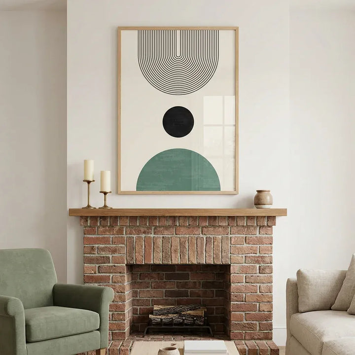 Room mockup featuring Sage Green & Black Geometric Mid-Century Abstract Art Print 2