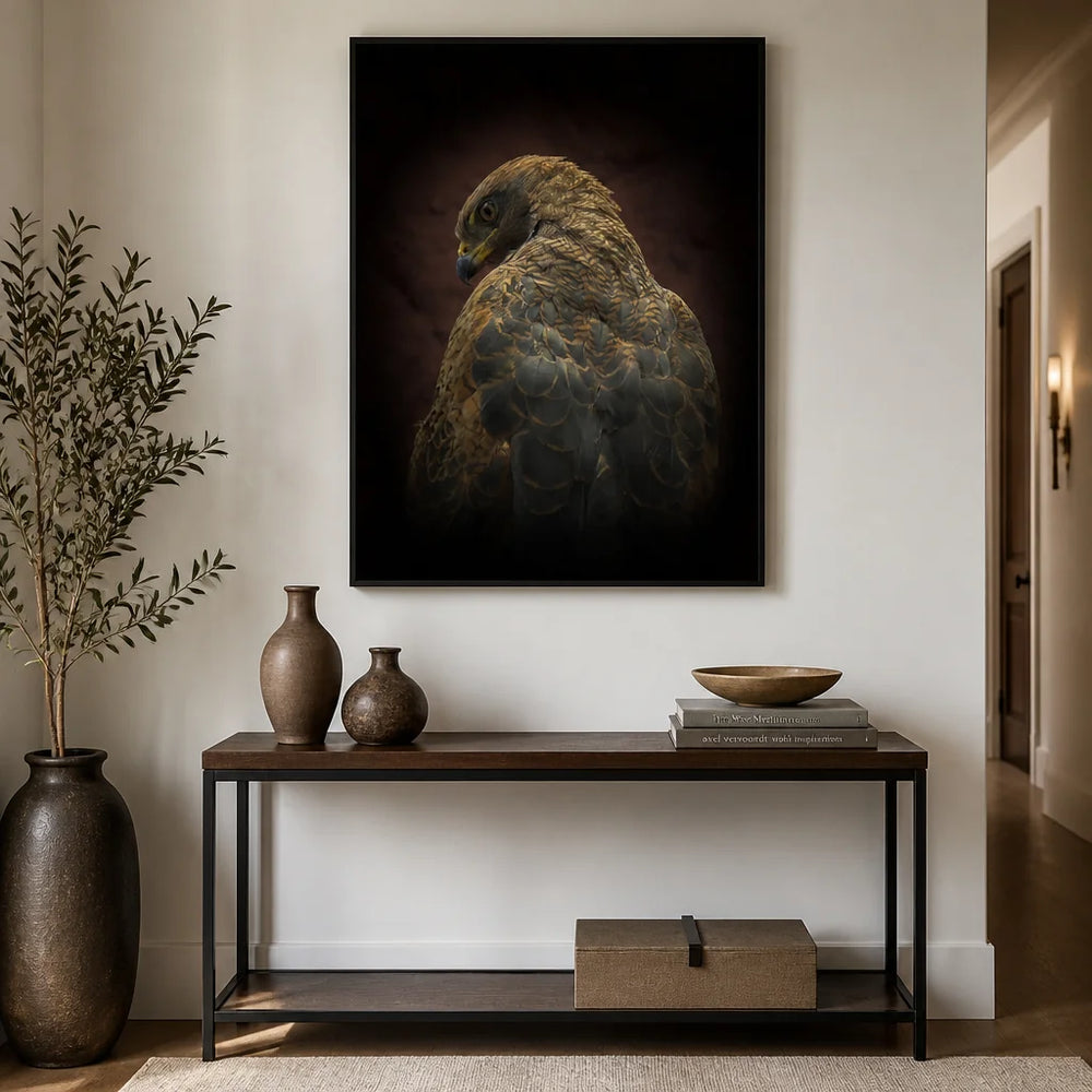 Room mockup featuring Savanna Sentinel Hawk Photo Print