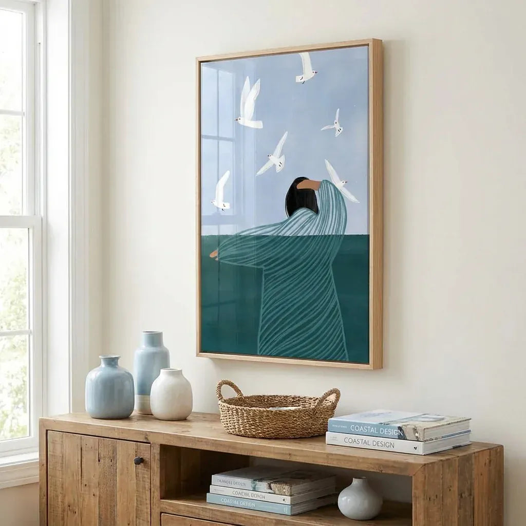 Seaside Serenity Figure Gazing at Flying Seabirds Art Print shown in a styled room